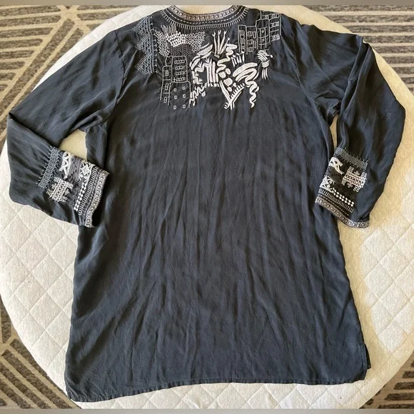 JOHNNY WAS BIYA Large Black Silk Embroidered Long Tunic - Picture 5 of 7